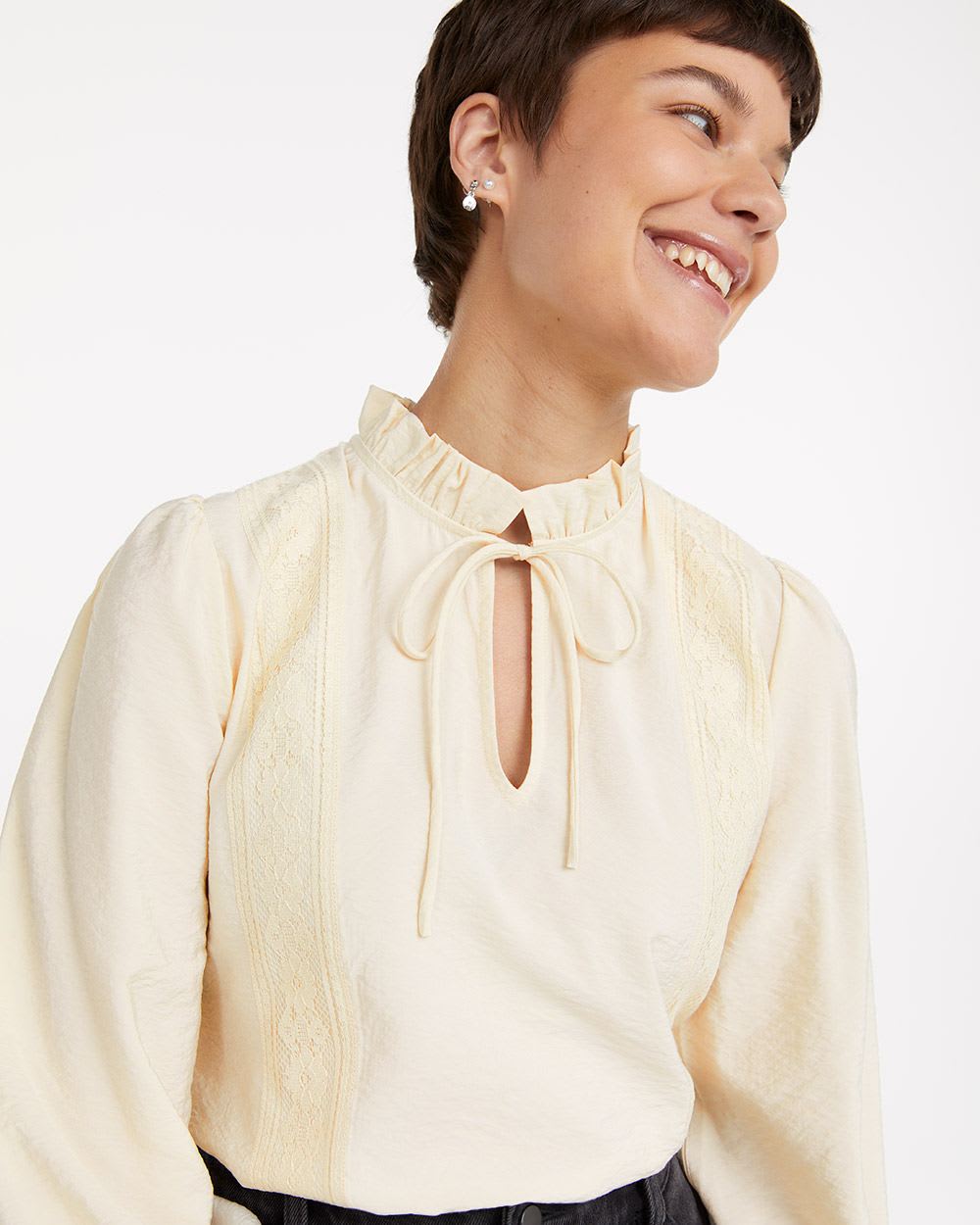 Split-Neck Blouse with Lace Inserts