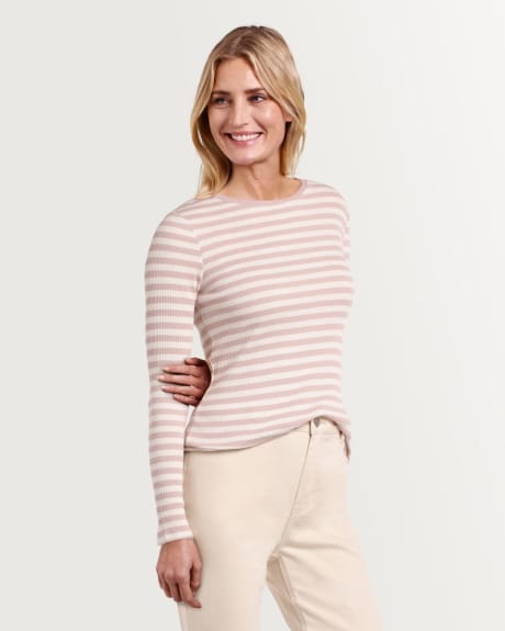 Ribbed Long Sleeve Crew Neck Top with Stripes