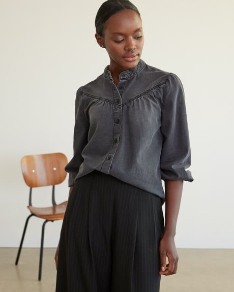 Denim Buttoned-Down Blouse with Puffed Sleeves