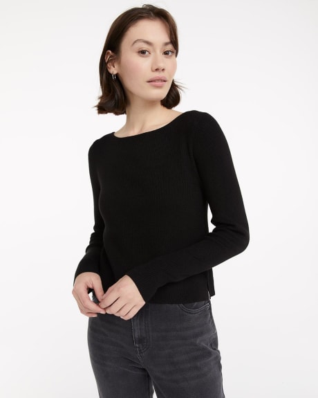 Ribbed Long-Sleeve Top with Boat Neckline