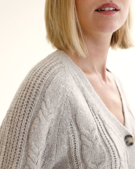 Long-Sleeve V-Neck Cardigan with Cable Stitches