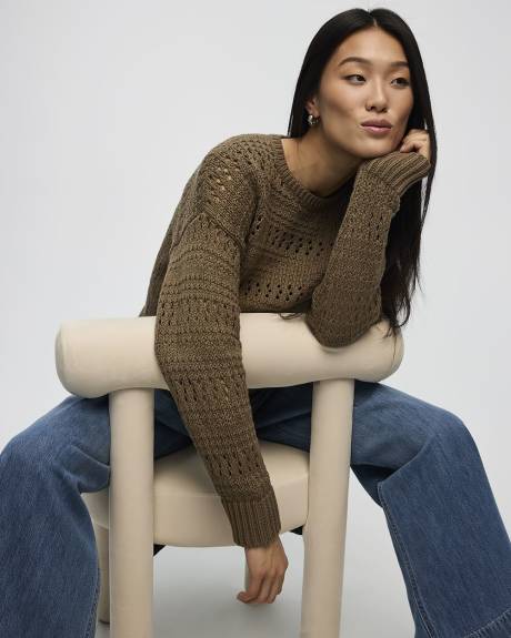 Long-Sleeve Crew-Neck Open-Stitch Pullover