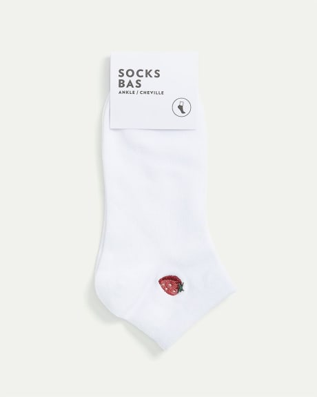 Cotton Anklet Socks with Strawberry at Hem