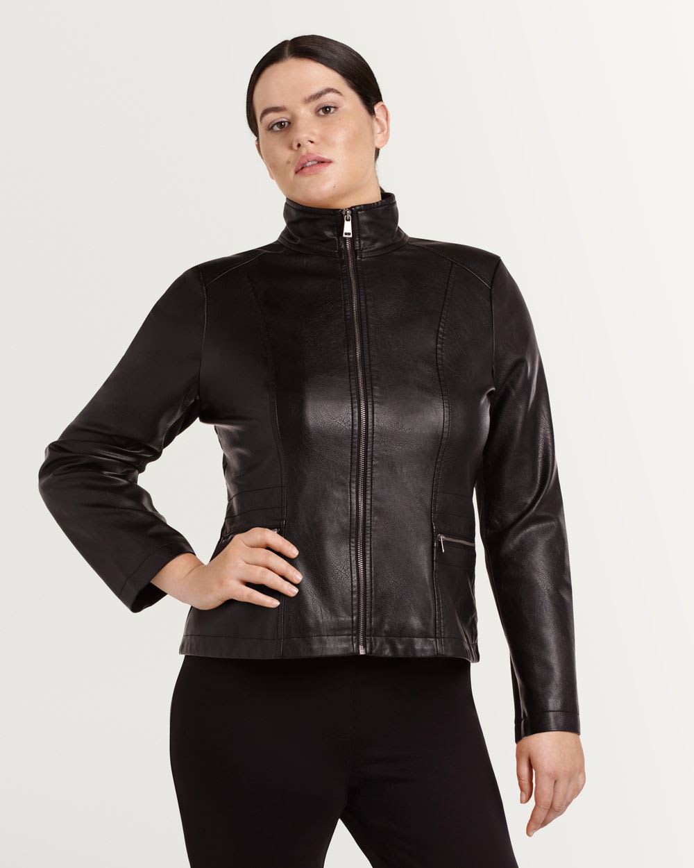 Faux Leather Biker Jacket with Ribbed Accents