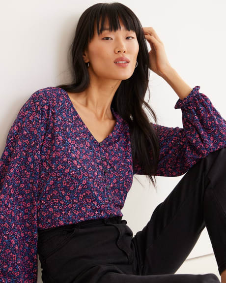 Long-Sleeve V-Neck Top with Buttoned Front