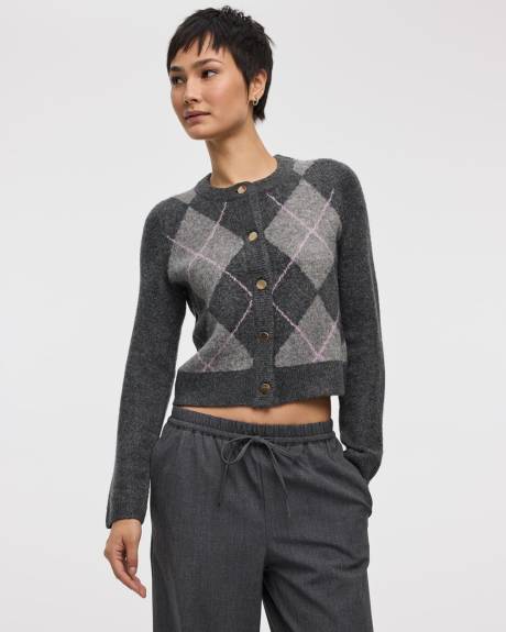 Long-Sleeve Crew-Neck Argyle Cardigan