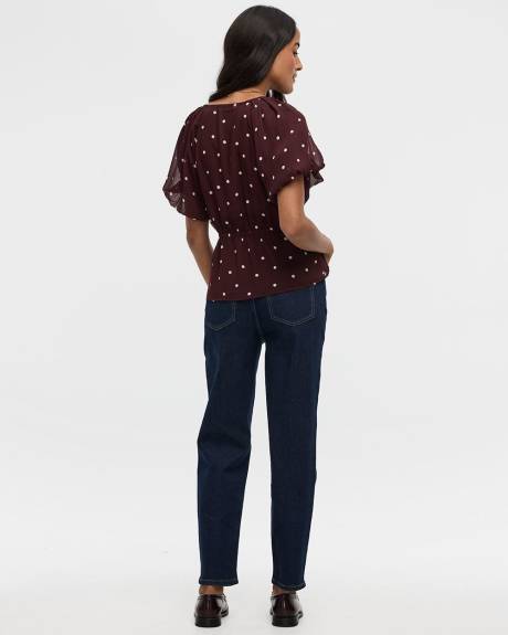 Short-Bubble-Sleeve V-Neck Blouse