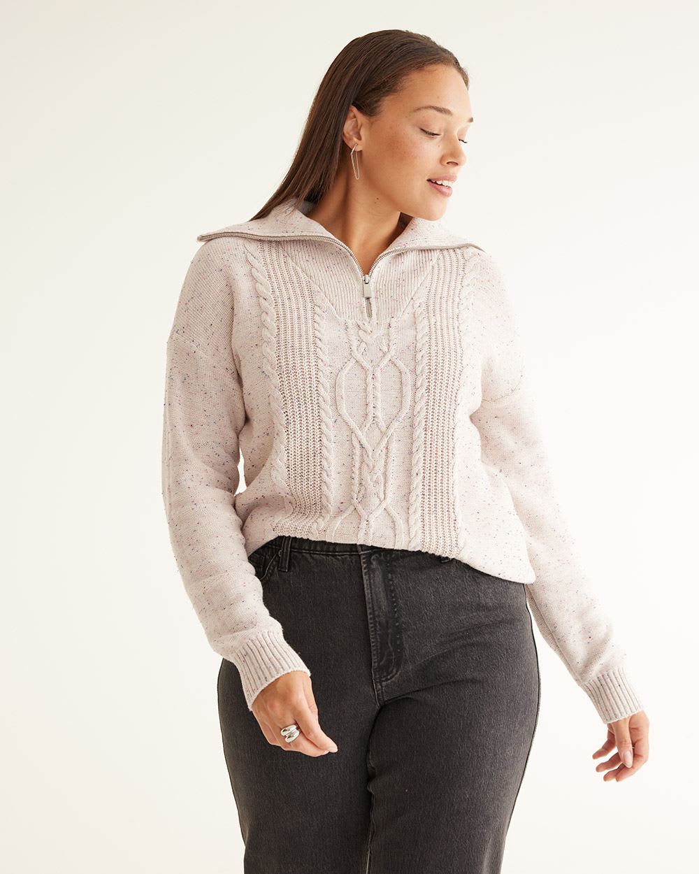 Half-Zip Cotton Pullover with Cable Stitches