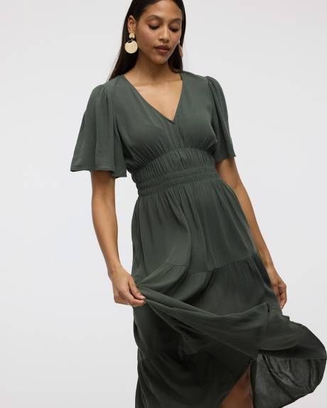 Short-Flutter-Sleeve V-Neck Tiered Midi Dress - Toni Fifi. Reitmans