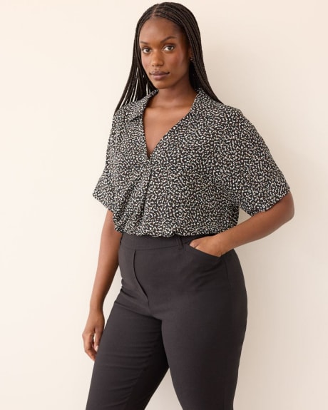 Loose Short-Sleeve Blouse with Johnny Collar