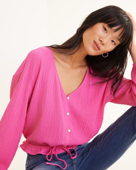 Long-Sleeve V-Neck Blouse with Cinched Waist