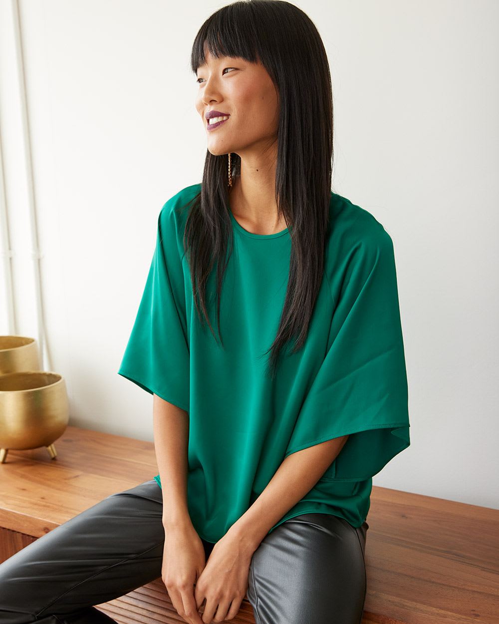 Crew-Neck Blouse with Elbow Flutter Sleeves