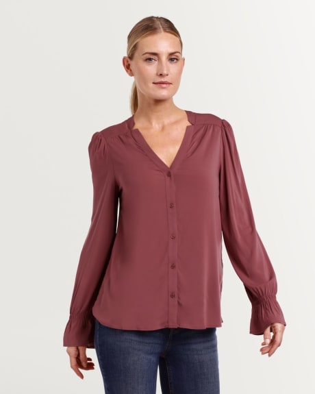 Long Sleeve V Neck Blouse with Shirred Accents