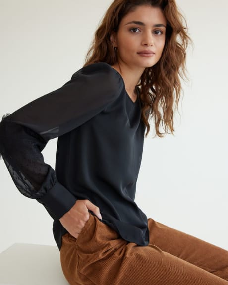 Long-Sleeve Boat-Neck Blouse with Lace Trims