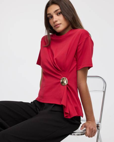 Short-Sleeve Crew-Neck Top with Cinched Waist