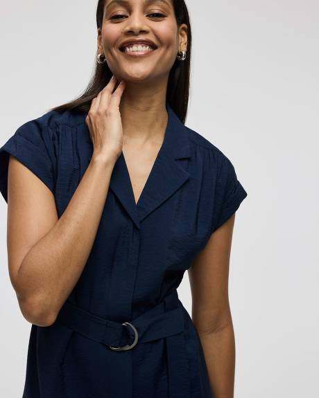 Short-Sleeve Buttoned-Down Midi Dress with Tailored Collar