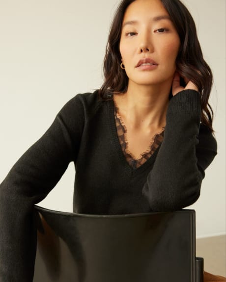Long-Sleeve V-Neck Sweater with Lace Inserts
