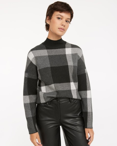 Loose Jacquard Pullover with Ribbed Mock Neckline