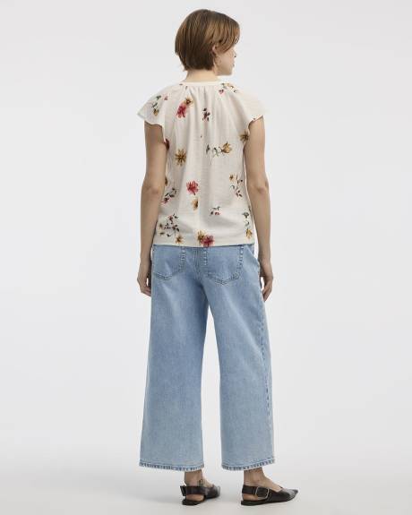 Short-Flutter-Sleeve Split-Neck Buttoned-Down Blouse