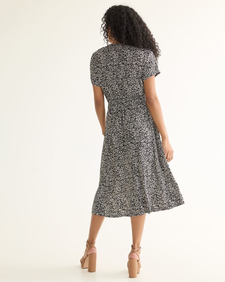 Short-Sleeve Fit and Flare Dress with Wrap Neckline