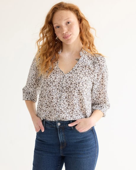 3/4-Sleeve V-Neck Buttoned-Down Blouse