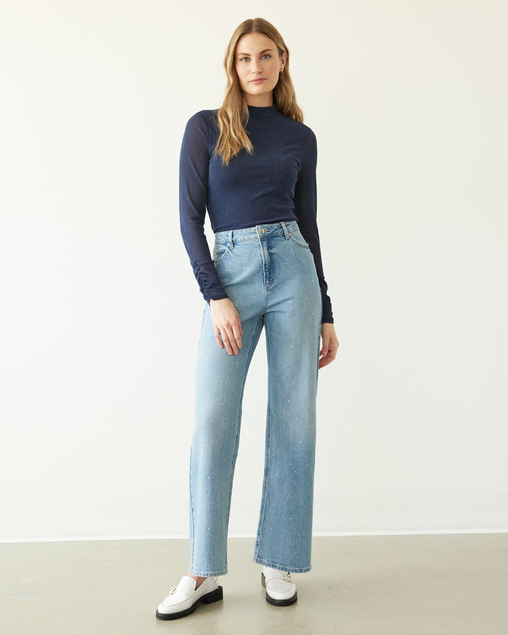 Wide-Leg High-Rise Jean with Rhinestones - Petite