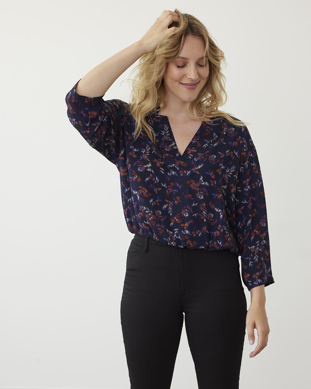 3/4-Sleeve Blouse with V Neckline and Notch Collar