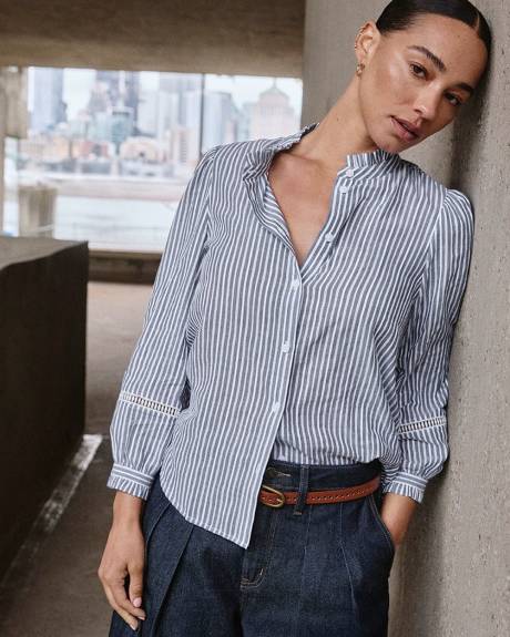 Puffy-Sleeve Mock-Neck Blouse with Embroideries