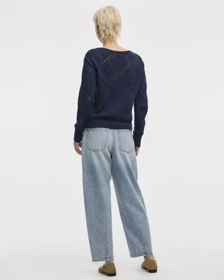 Long-Sleeve Boat-Neck Pullover with Open-Stitch Pattern