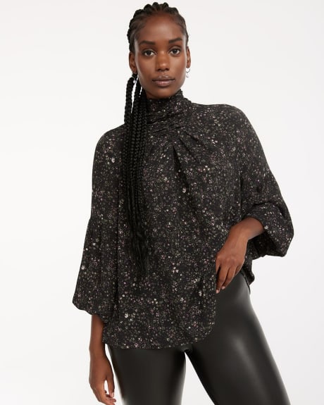 Mock-Neck Blouse with Long Puffy Sleeves