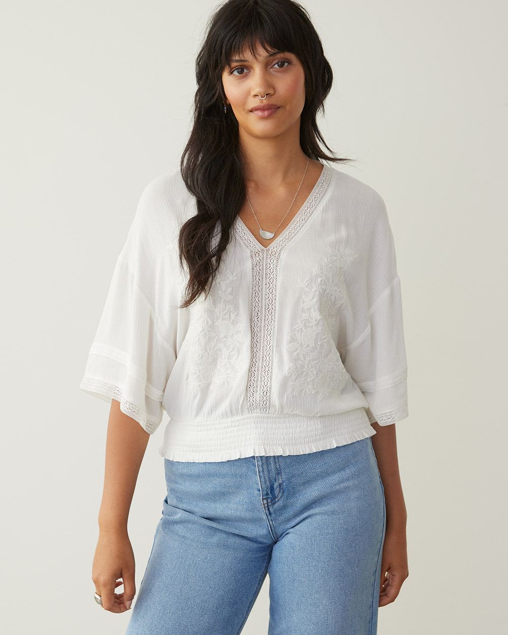 3/4 Sleeve Embroidered Blouse with V Neckline