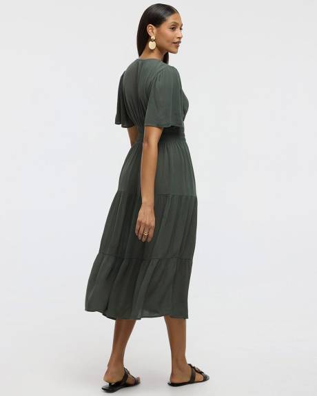 Short-Flutter-Sleeve V-Neck Tiered Midi Dress - Toni Fifi. Reitmans