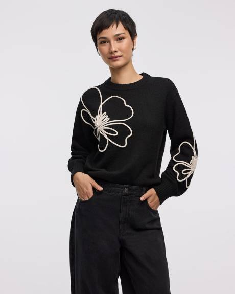 Long-Sleeve Crew-Neck Sweater with Soutache Flowers