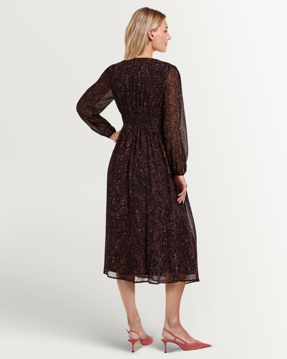 Long Sleeve V Neck Midi Dress with Shirring Accents