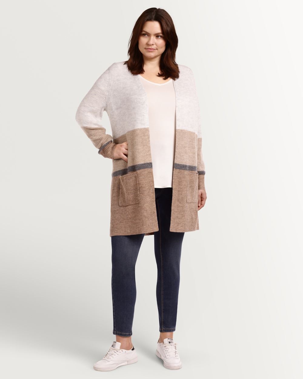 Colour-Block Open Knit Cardigan with Balloon Sleeves