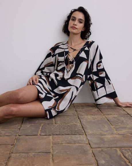 Long-Sleeve V-Neck Loose Mini Dress