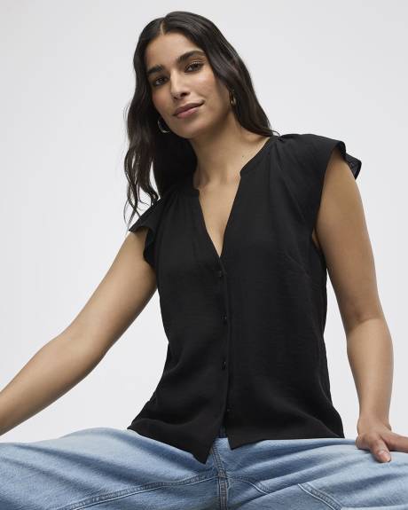 Blouse boutonnée à manches courtes à volants et col fendu