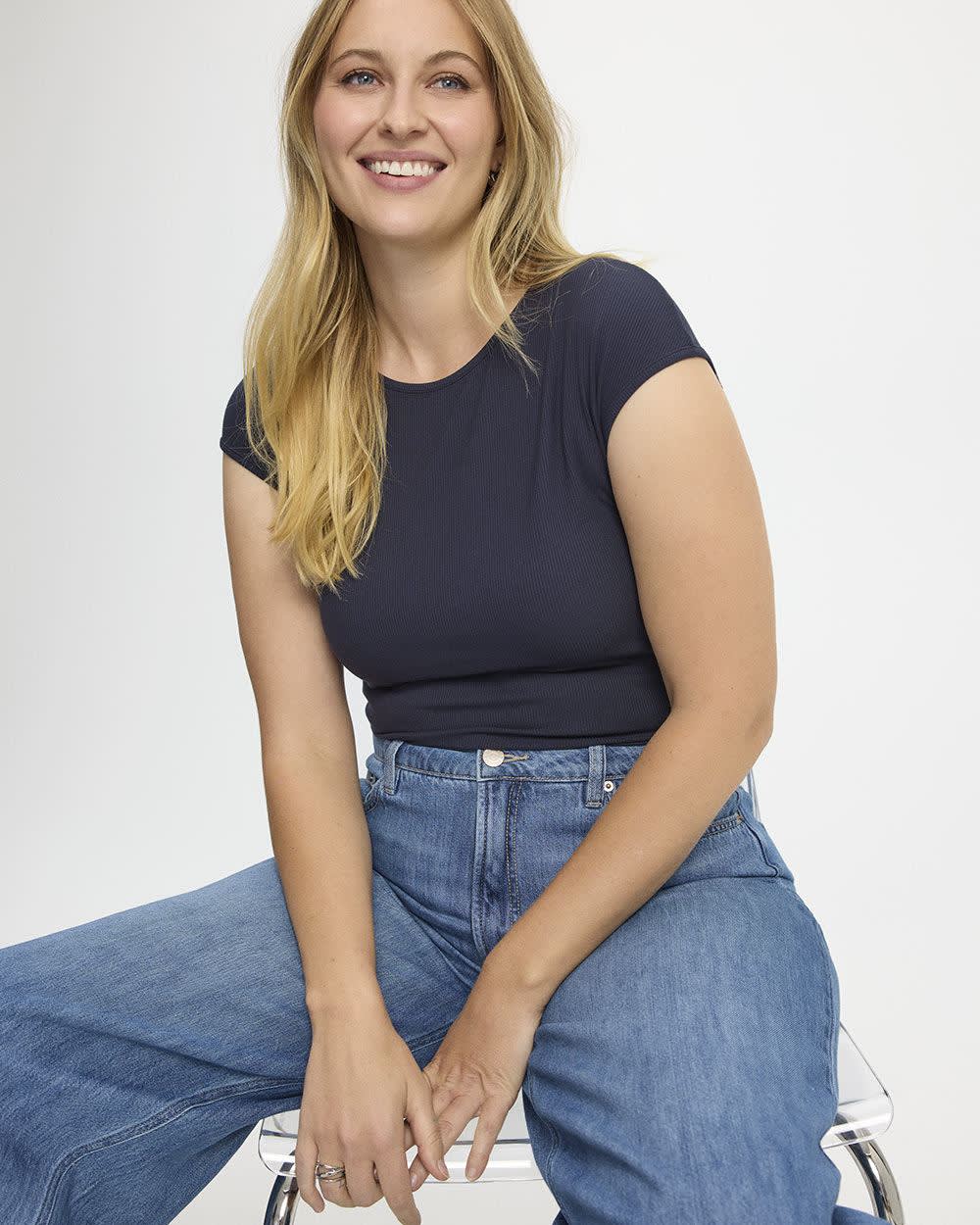 Extended-Sleeve Crew-Neck Ribbed Top