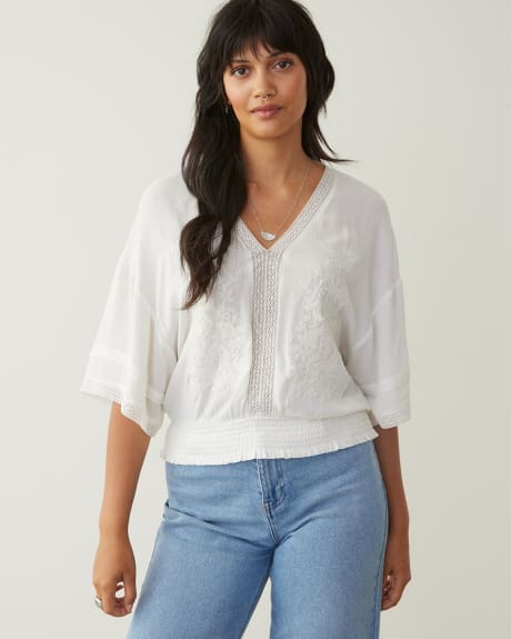 3/4 Sleeve Embroidered Blouse with V Neckline