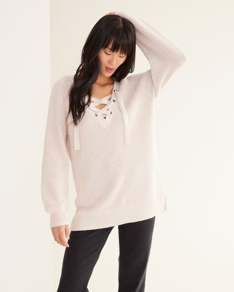 Long-Ballon-Sleeve Pullover with Lace-Up V Neckline