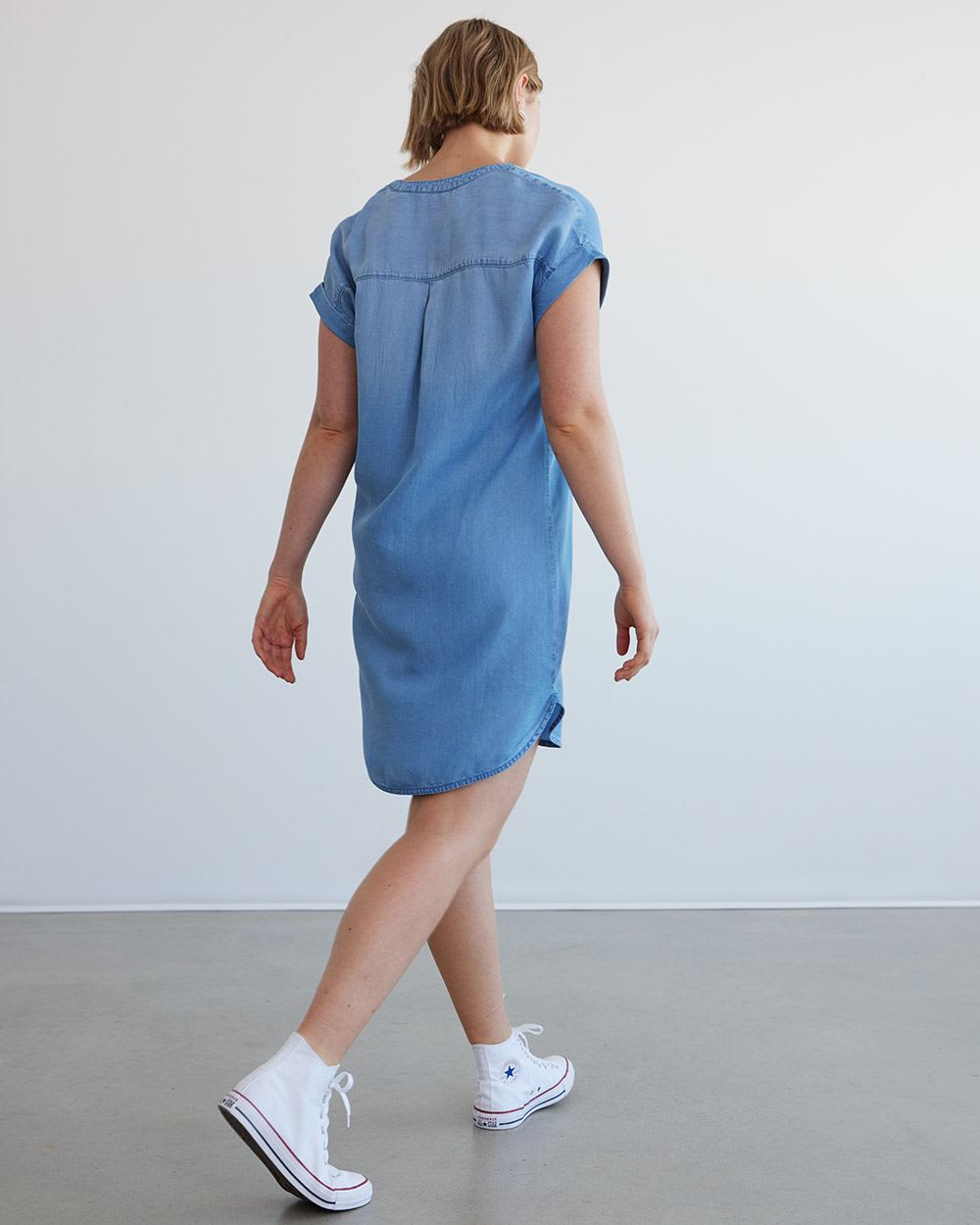 Short-Sleeve Split-Neck Tencel Dress