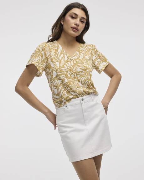 Short-Flutter-Sleeve V-Neck Buttoned-Down Blouse