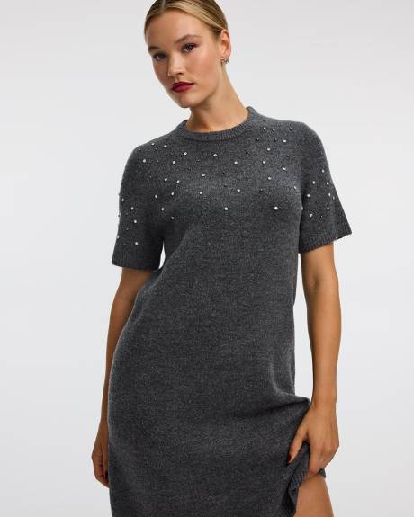 Short-Sleeve Mini Sweater Dress with Rhinestones