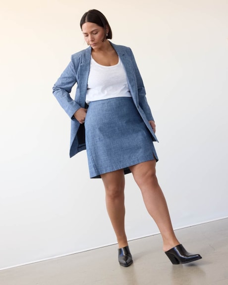 Straight Chambray Mini Skirt with Front Slit