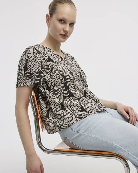 Short-Flutter-Sleeve V-Neck Buttoned-Down Blouse