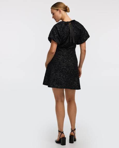 Short-Sleeve Fit-and-Flare Dress with Self-Tie in the Back