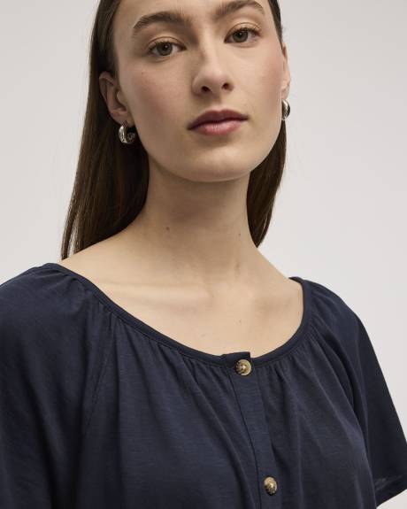 Short-Flutter-Sleeve Open-Neck Buttoned-Down Top