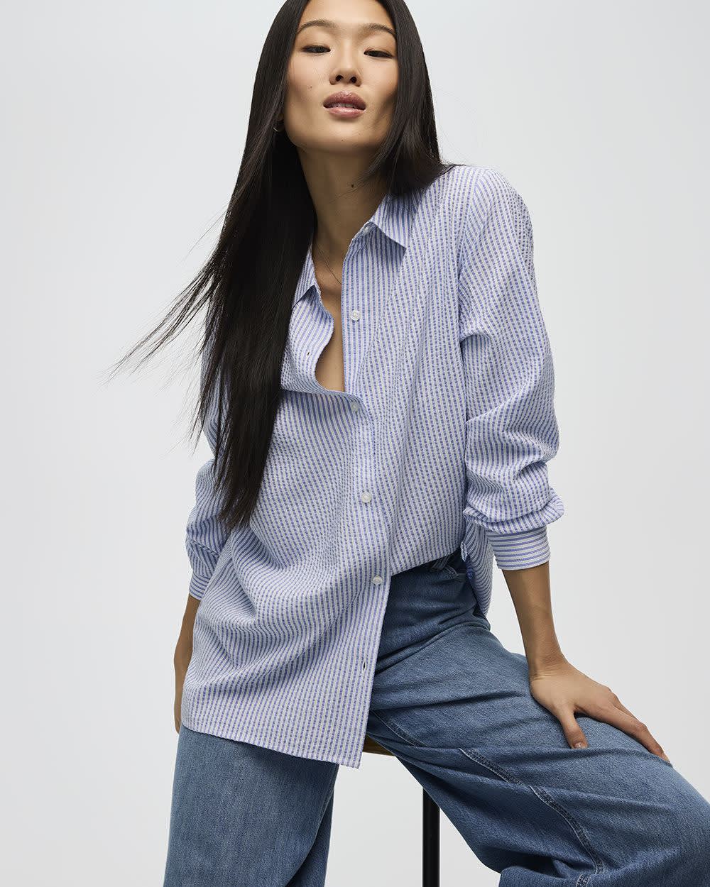 Blouse boutonn&eacute;e ray&eacute;e &agrave; manches longues