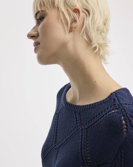 Long-Sleeve Boat-Neck Pullover with Open-Stitch Pattern