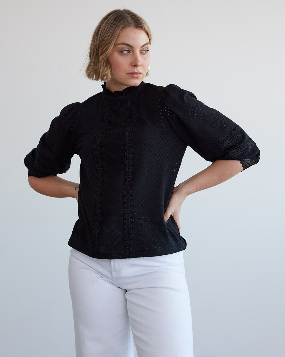 Puffy-Elbow-Sleeve Top with Mock Neckline